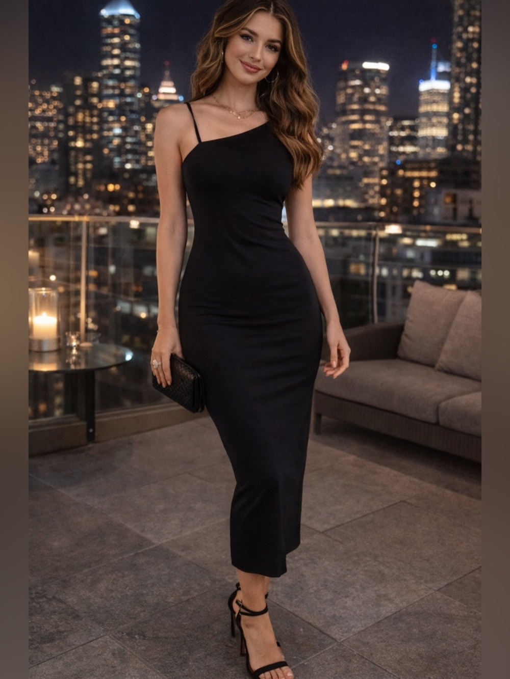 Black Bodycon Midi Dress Asymmetrical Neckline Strappy Back Sleek Eclipse Large